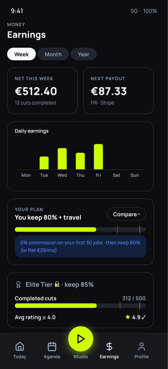 Earnings screen with weekly totals and next payout