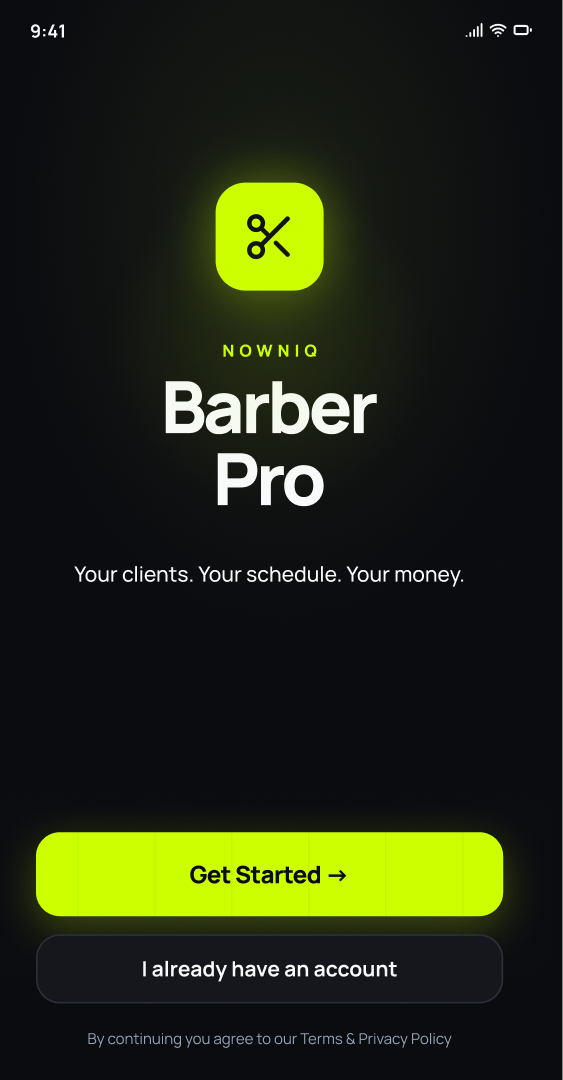 Nowniq Barber Pro welcome screen