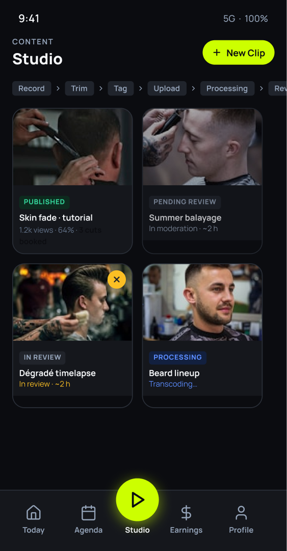 Studio screen with the barber's published haircut clips